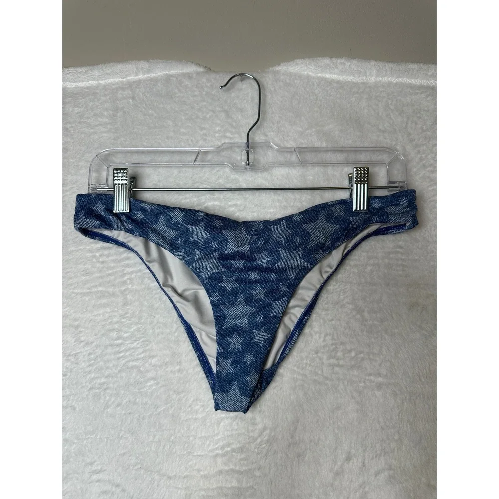 Verdelimon Denim Star Print Bikini Set Tie Shoulder Two Piece Blue Size M
